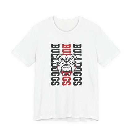 Bulldog Mascot T‑Shirt — Vertical 'BULLDOGS' Sports Tee