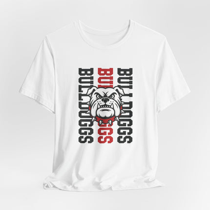 Bulldog Mascot T‑Shirt — Vertical 'BULLDOGS' Sports Tee