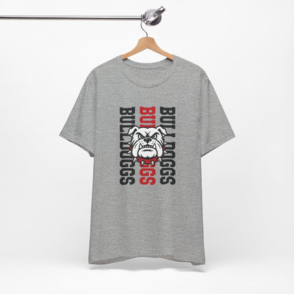 Bulldog Mascot T‑Shirt — Vertical 'BULLDOGS' Sports Tee