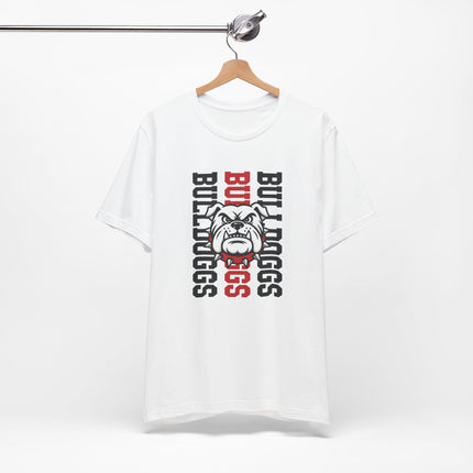 Bulldog Mascot T‑Shirt — Vertical 'BULLDOGS' Sports Tee