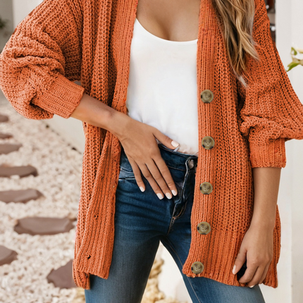 Button Front V Neck Chunky Cardigan