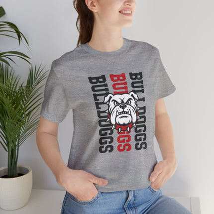 Bulldog Mascot T‑Shirt — Vertical 'BULLDOGS' Sports Tee