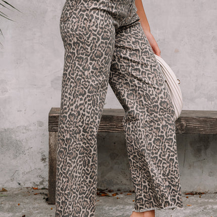 Brianna Leopard Frayed Edge Wide Leg High Waist Jeans