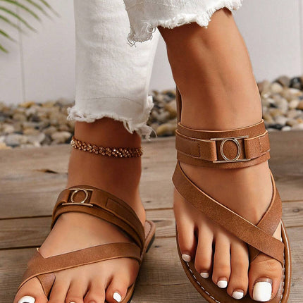 Chestnut Cross Toe Metal Buckle Leathered Flat Slippers