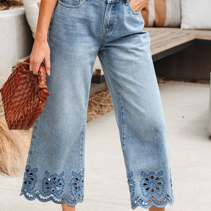 Juliette Embroidered Cropped Wide Leg High Waist Jeans