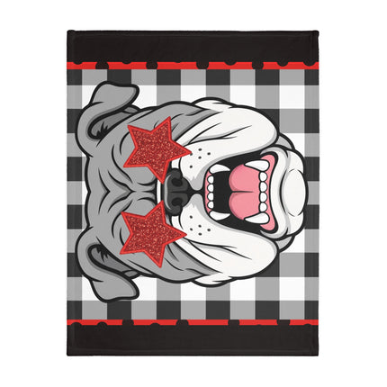 Bulldog Buffalo Plaid Throw Blanket — 'Go Dawgs' Red Star Microfiber Velveteen