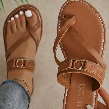Chestnut Cross Toe Metal Buckle Leathered Flat Slippers