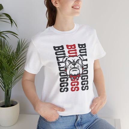 Bulldog Mascot T‑Shirt — Vertical 'BULLDOGS' Sports Tee