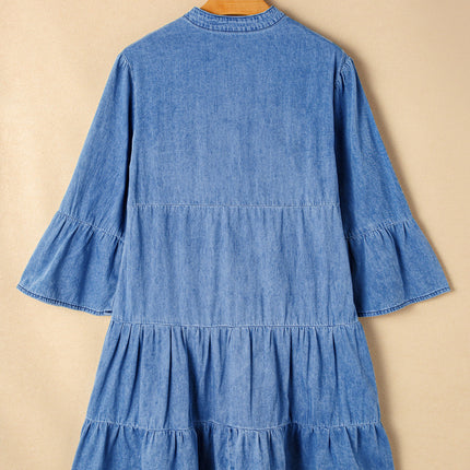 Sky Blue Chambray Ruffled 3/4 Sleeve Tiered Split V Neck Mini Dress
