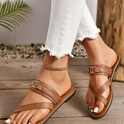 Chestnut Cross Toe Metal Buckle Leathered Flat Slippers