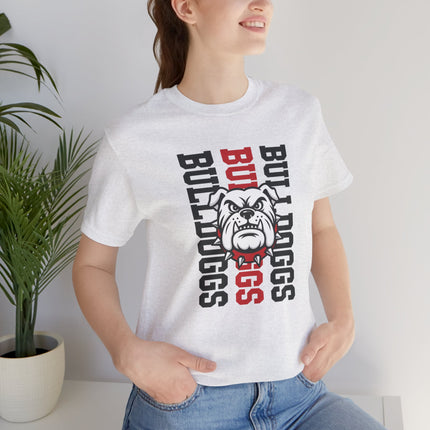 Bulldog Mascot T‑Shirt — Vertical 'BULLDOGS' Sports Tee