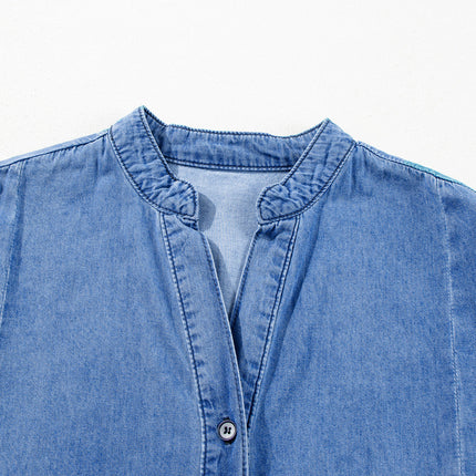 Sky Blue Chambray Ruffled 3/4 Sleeve Tiered Split V Neck Mini Dress