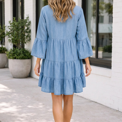 Sky Blue Chambray Ruffled 3/4 Sleeve Tiered Split V Neck Mini Dress