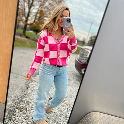 Checkered Drop Shoulder Buttoned V Neck Cardigan