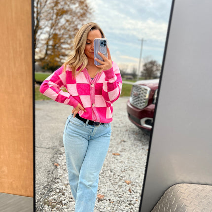 Checkered Drop Shoulder Buttoned V Neck Cardigan