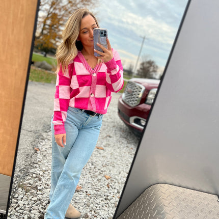 Checkered Drop Shoulder Buttoned V Neck Cardigan