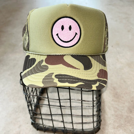 Pink Smiley Camo Trucker