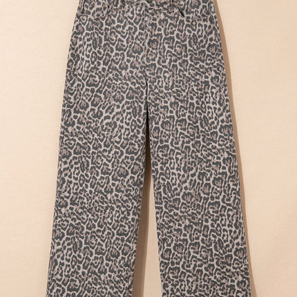 Brianna Leopard Frayed Edge Wide Leg High Waist Jeans