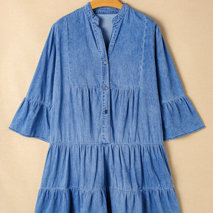 Sky Blue Chambray Ruffled 3/4 Sleeve Tiered Split V Neck Mini Dress