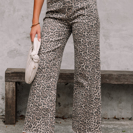 Brianna Leopard Frayed Edge Wide Leg High Waist Jeans