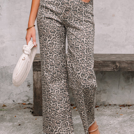 Brianna Leopard Frayed Edge Wide Leg High Waist Jeans