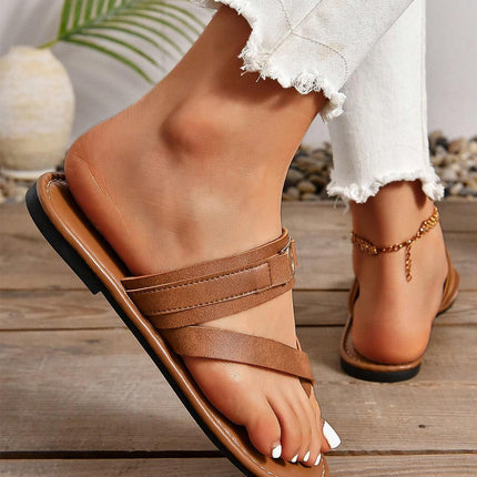 Chestnut Cross Toe Metal Buckle Leathered Flat Slippers