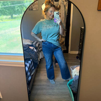 Sail Blue Mineral Wash Raw Hem High Waist Flared Jeans