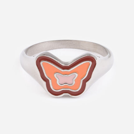 Pink Enamel Silver Butterfly Ring