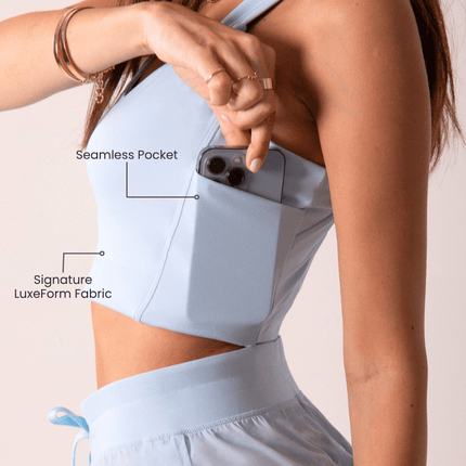Women's Workout Tank Top with Phone Pockets - Baby Blue | LuxeForm Criss-Cross Back